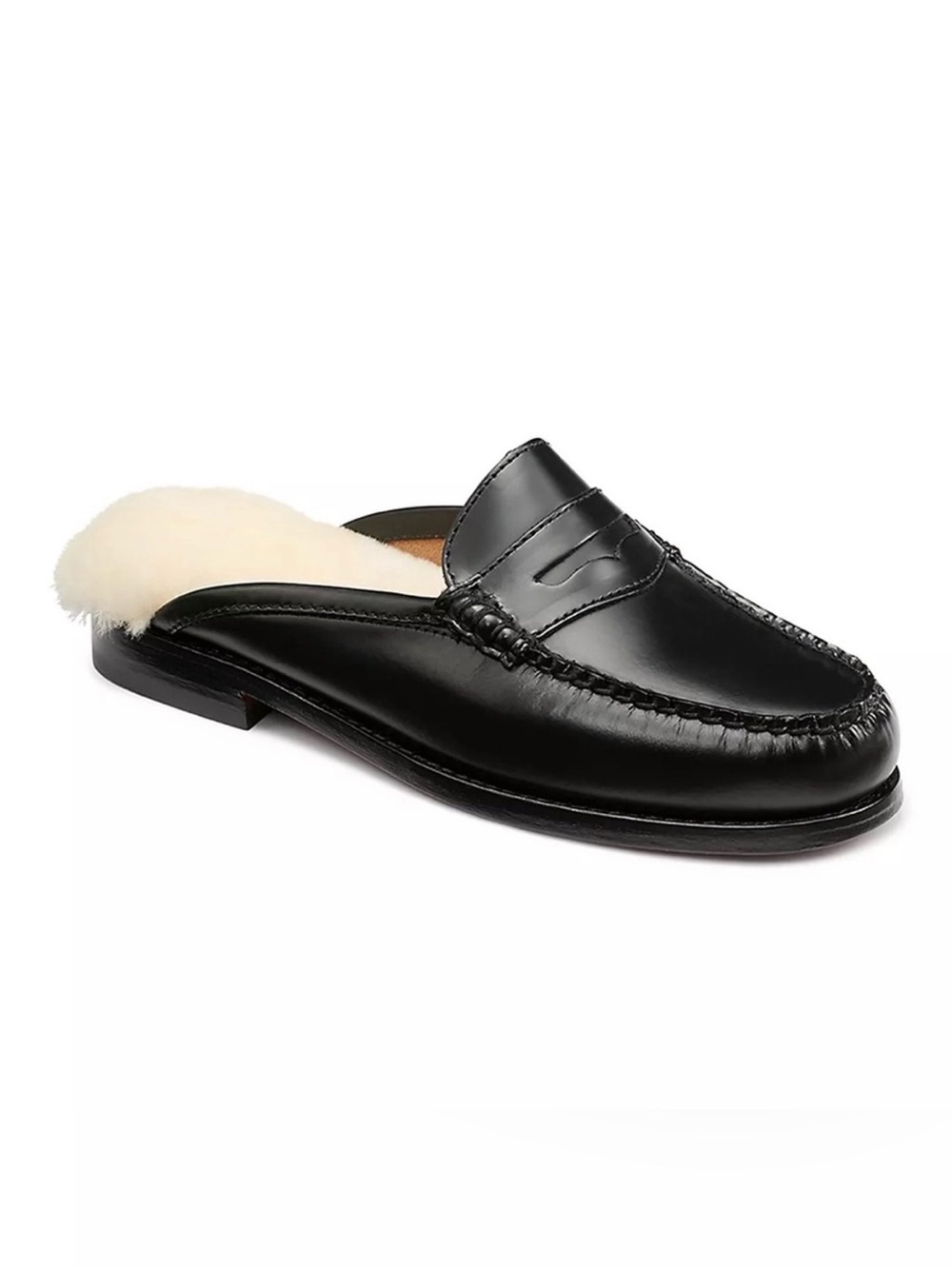 Black Shearling-Lined Slip-On Penny Loafers for Women